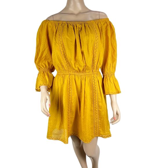 Tularosa Dresses & Skirts - Tularosa Revolve Luna Off Shoulder Mini Dress LARGE Yellow Marigold Embroidered
